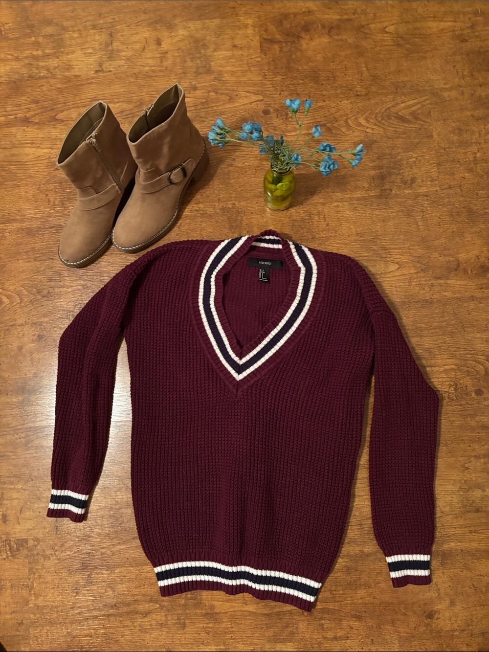 Forever 21 V-Neck Maroon Sweater with Stripe Trim